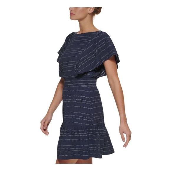 DKNY | Smocked Fit and Flare Dress | Navy Blue & White | Size 10 - Picture 3 of 13